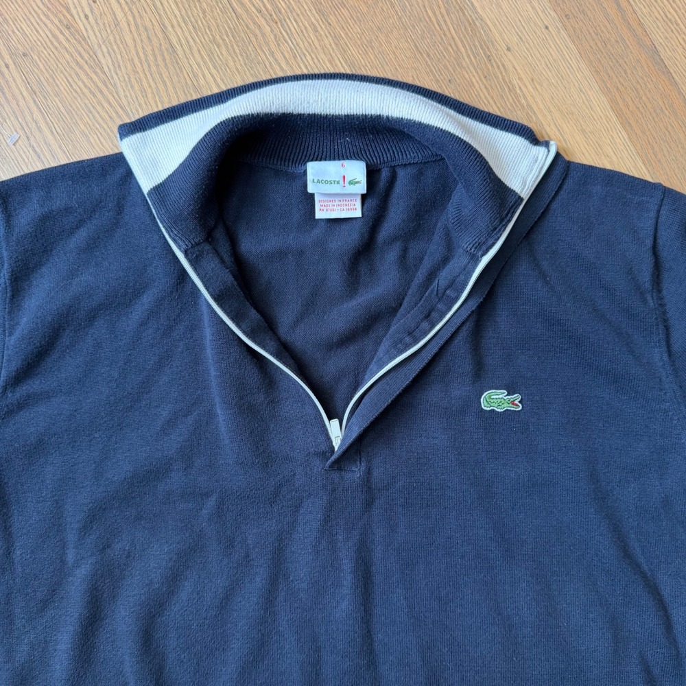 Lacoste Mens Navy Blue 100% Cotton Quarter Zip Stripe Sleeve Sweater Size xl 6 L - Picture 2 of 6